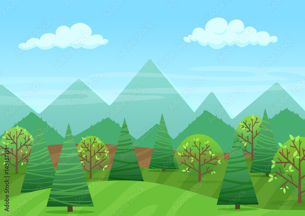 The peaceful green landscape with mountains and plants vector illustration.
