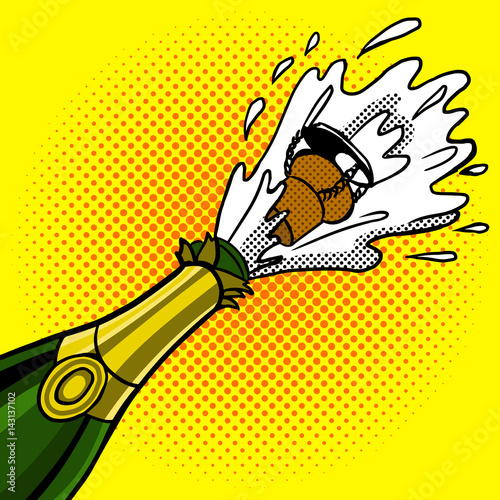Cork flies out of a bottle of champagne pop art