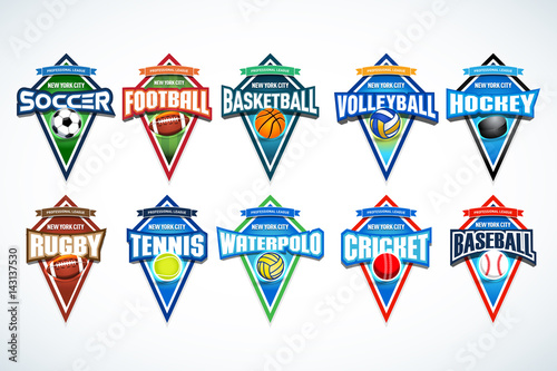 Mega set of colorful sports logos soccer, football, basketball, volleyball, hockey, rugby, tennis, waterpolo, cricket, baseball. Vector abstract isolated illustration on white background.