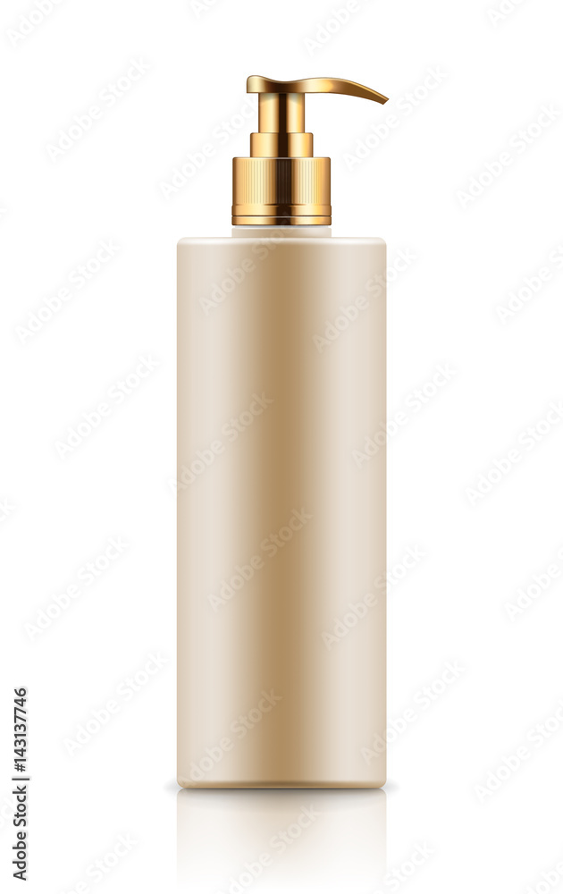 Vector realistic blank template of plastic bottle with dispenser. Mock-up of package. Empty and clean 3d white plastic container for cream, body lotion, liquid gel.