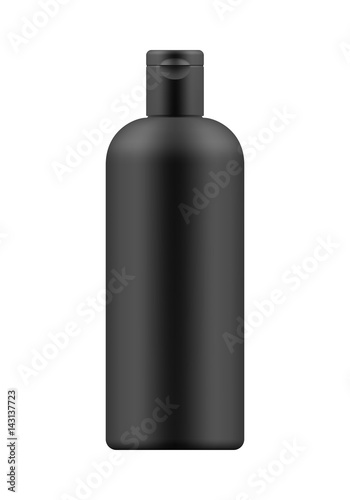 Vector blank template. Mock-up of white plastic bottle with cap. Realistic 3d container for body lotion, shampoo, milk for skin care. Empty and clean packaging for cosmetic product. Isolated on white