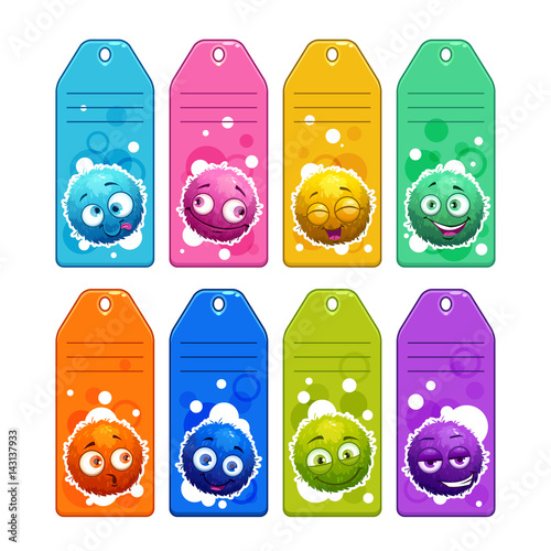 Colorful kids name tags with funny cartoon round fuzzy characters.