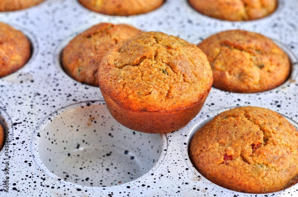 Delicious muffins in the pan for baking. Homemade bakery .Selective focus