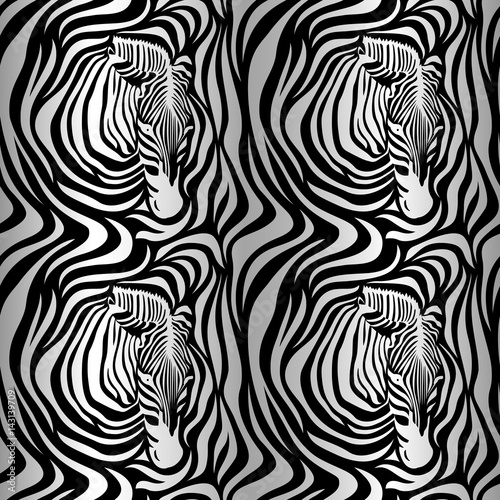 Zebra head seamless pattern. Black and white strips  illustration isolated on white background. Animal skin print texture.