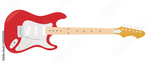 Red electric guitar with strings isolated on white background.
