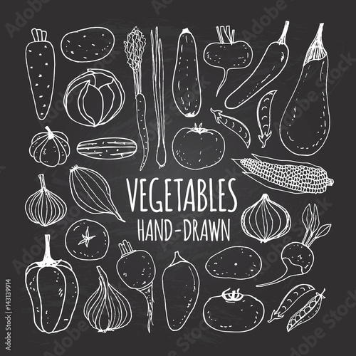 Set of vegetables in doodle style on the chalkboard