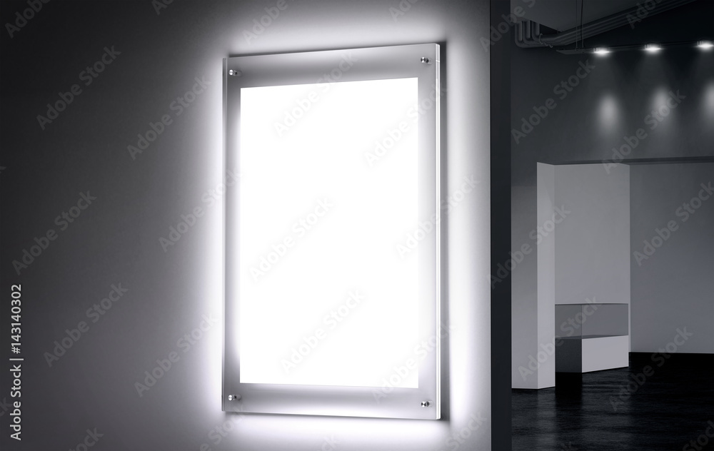 Blank white illuminated poster mock up in dark hall, 3d rendering. Clear glowing affiche design mockup mounted on gallery wall. Led acrylic billboard with empty placard in cinema room. Light box sign Blank white illuminated poster mock up in dark hall, 3d rendering. Clear glowing affiche design mockup mounted on gallery wall. Led acrylic billboard with empty placard in cinema room. Light box sign