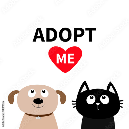 Adopt me. Dont buy. Dog Cat Pet adoption. Puppy pooch kitty cat looking up to red heart. Flat design. Help homeless animal concept. White background. Isolated.