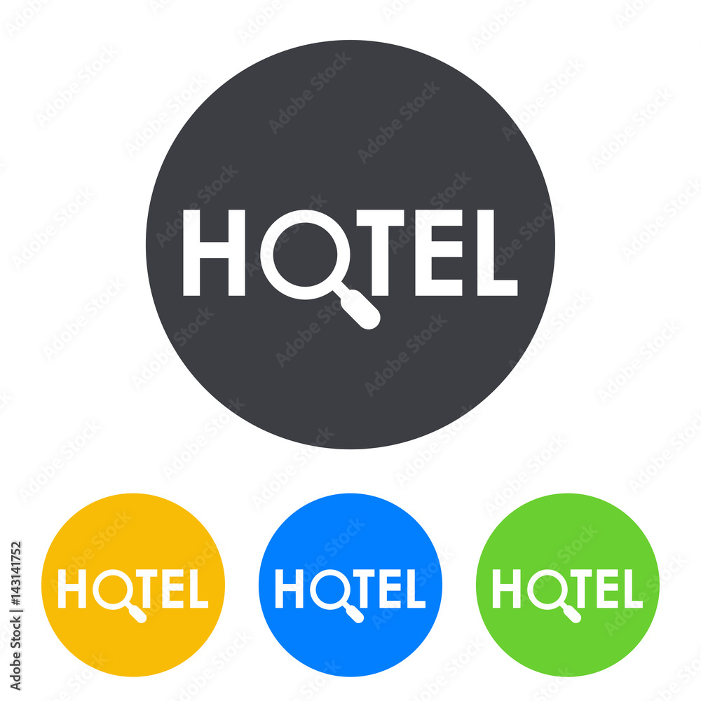 Icono plano texto HOTEL con lupa en circulo varios colores Icono plano texto HOTEL con lupa en circulo varios colores