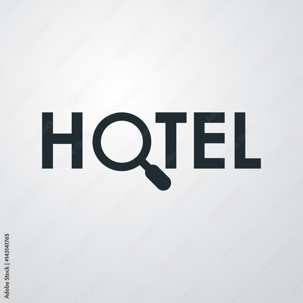 Icono plano texto HOTEL con lupa en fondo degradado Icono plano texto HOTEL con lupa en fondo degradado