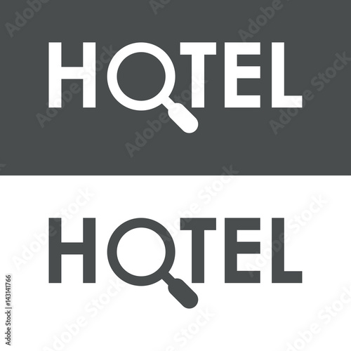 Icono plano texto HOTEL con lupa gris y blanco