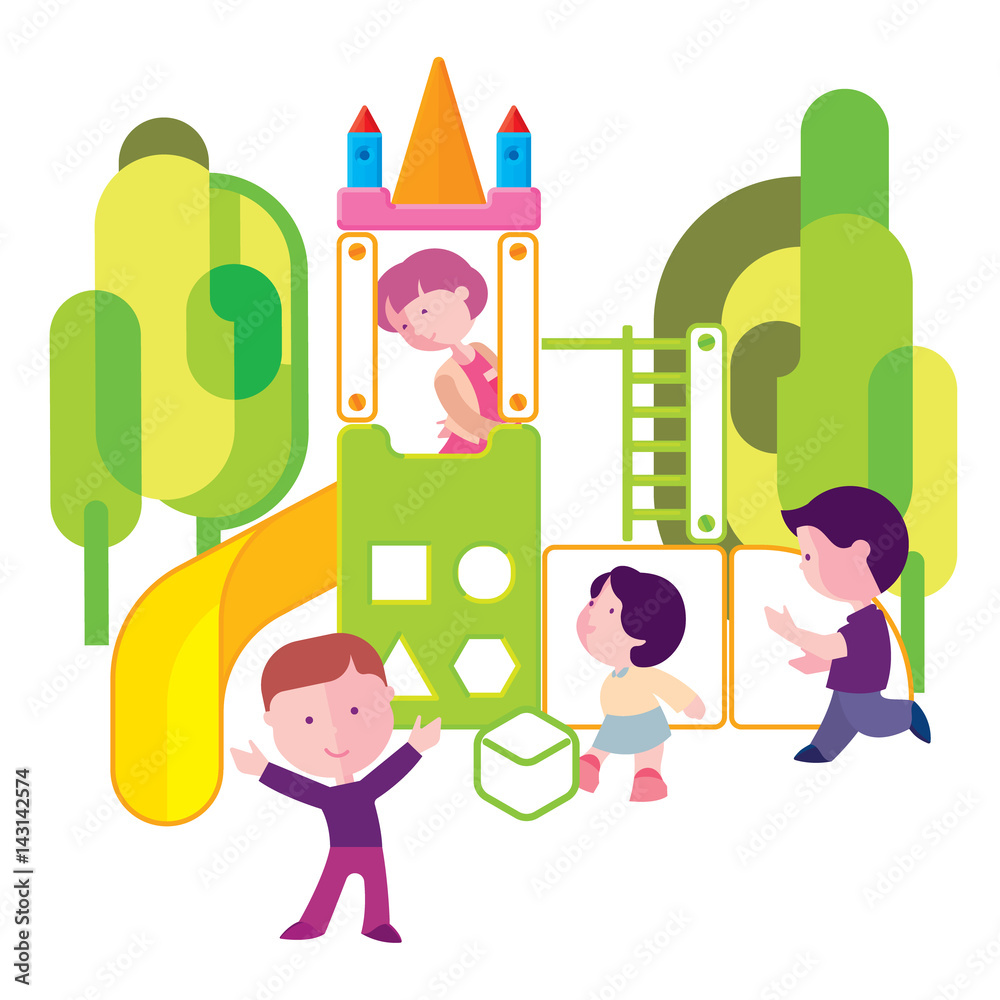 Fototapeta premium happy children playing in the playground, on a slide, flat illustration
