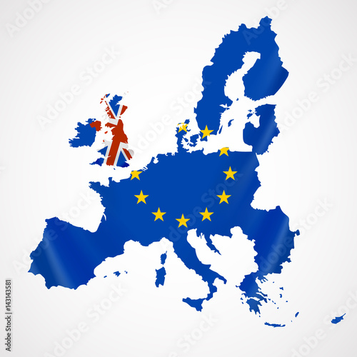 Map of Europe with European Union members and Great Britain or United Kingdom in brexit.