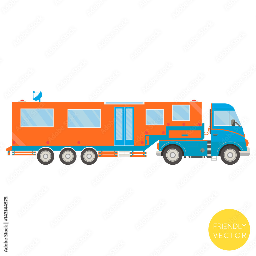 Cartoon transport. Campervan vector illustration. View from side.