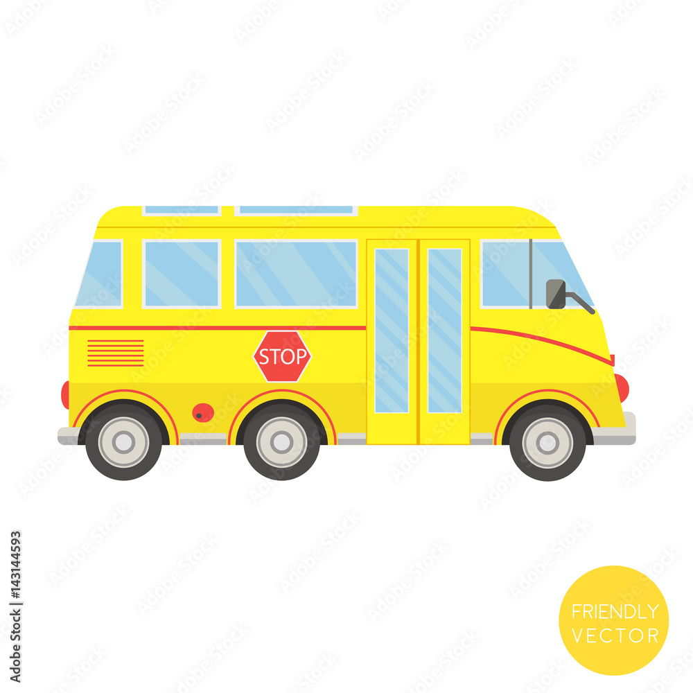 Cartoon transport. School bus vector illustration. View from side.