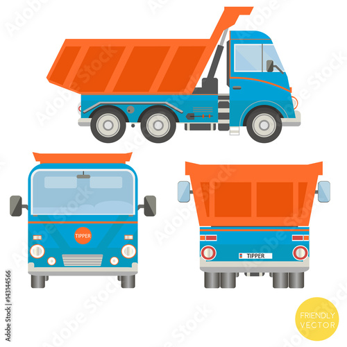 Cartoon transport. Dump truck vector illustration. View from side, back, front.