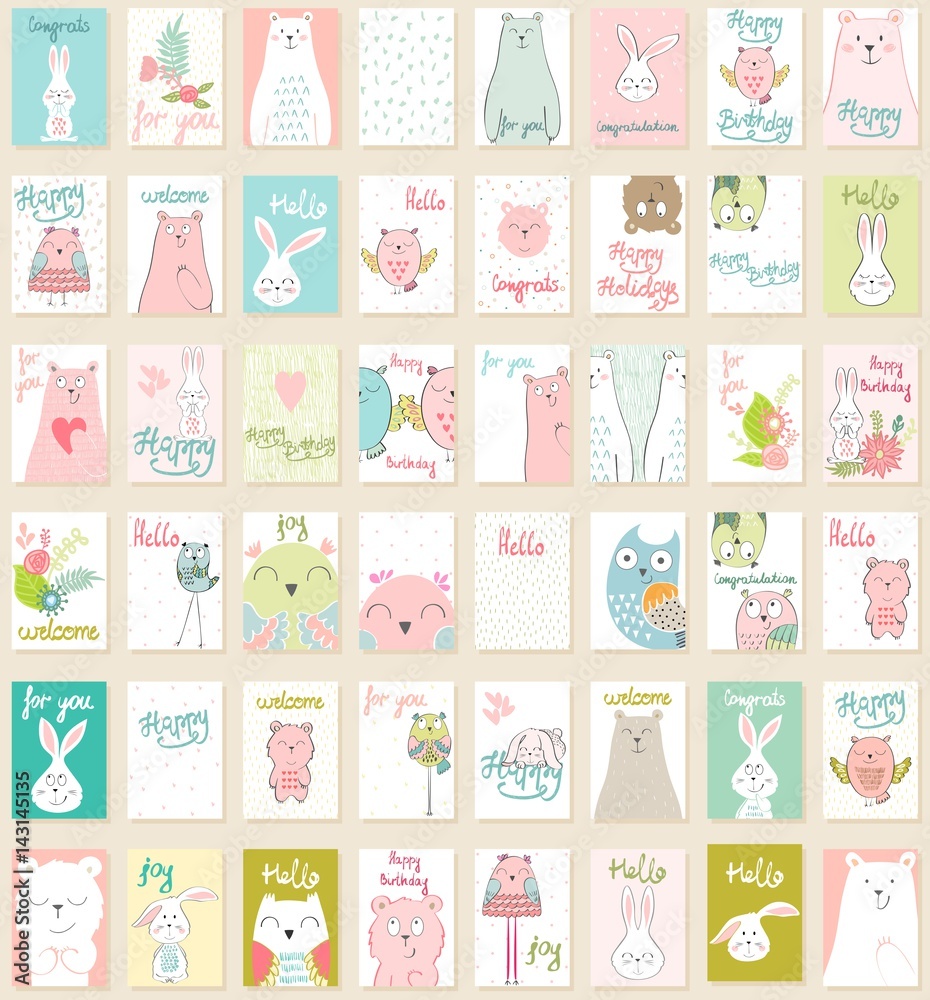 Collection of cute artistic cards for kids. Funny animals in vector. Collection of cute artistic cards for kids. Funny animals in vector.