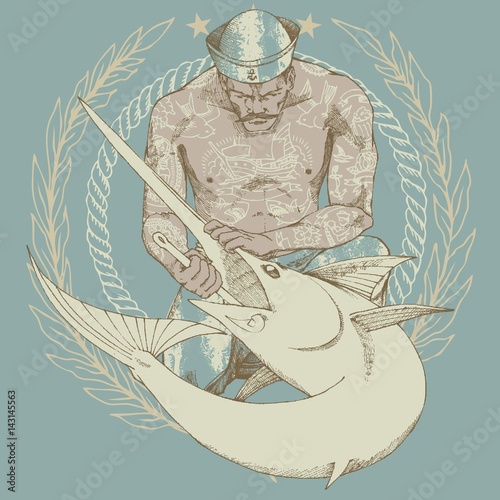 Tattooed sailor with a swordfish