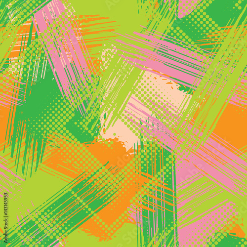 Abstract grunge seamless chaotic pattern with brushstrokes. Urban spring camouflage texture. Trendy colorful background. Modern wallpaper. Fashionable print with a shabby paint effect.