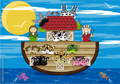 Cartoon Noah's Ark and Animals Bible Illustration