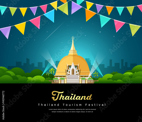Vector thailand tourist landmark worshipers on important buddhist, at night background, illustration