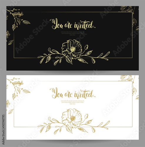Set of graceful floral cards template design. You are invited gold  lettering design with floral elements. Black and white invitation posters with gold flowers. Vector illustration