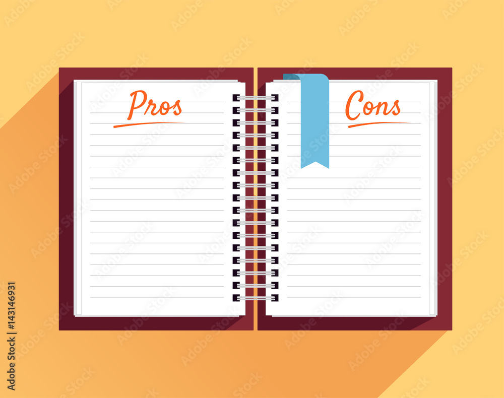 Notebook with Pros and Cons list. Selection of the optimal solutions, weighing the facts. Do`s and dont`s concept. Vector flat illustration Notebook with Pros and Cons list. Selection of the optimal solutions, weighing the facts. Do`s and dont`s concept. Vector flat illustration