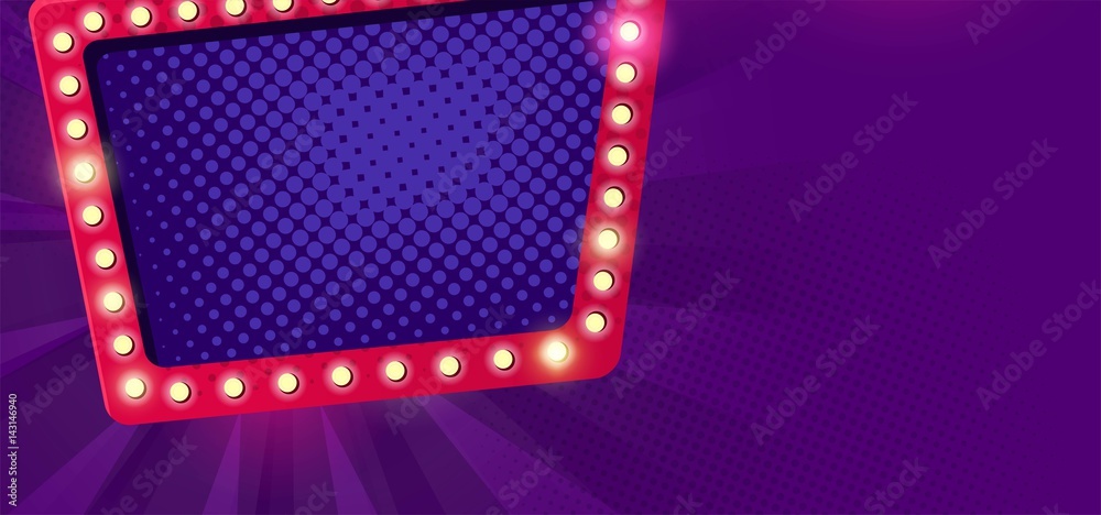 Naklejka premium Retro neon Lamps billboard on dark purple background. Billboard frame with bulb lamps. Vector illustration