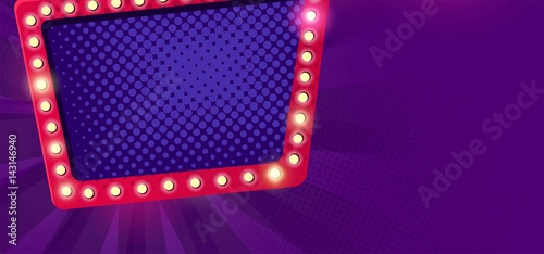 Retro neon Lamps billboard on dark purple background. Billboard frame with bulb lamps. Vector illustration