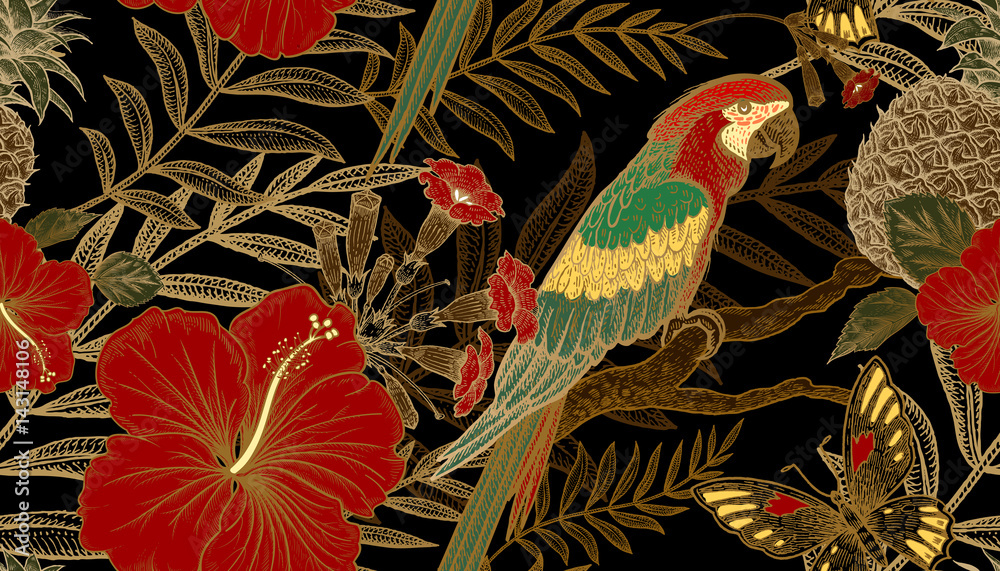 Fototapeta premium Seamless pattern with exotic plants and parrots.