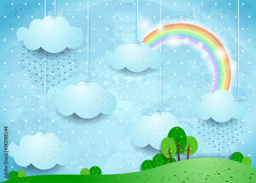 Surreal landscape with hanging clouds and rain
