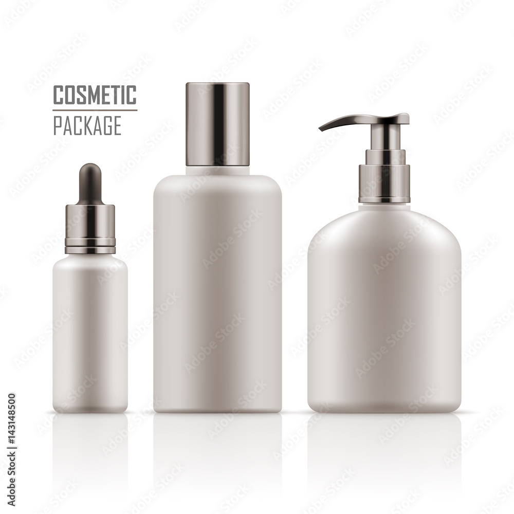 Blank template of packages. Cosmetic for hygiene and clean. Set of empty realistic plastic containers: body cream bottle, liquid soap with dispenser. Vector mockup isolated on white background.