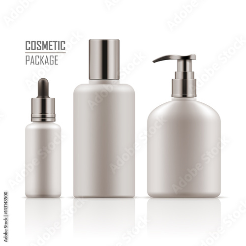 Blank template of packages. Cosmetic for hygiene and clean. Set of empty realistic plastic containers: body cream bottle, liquid soap with dispenser. Vector mockup isolated on white background.