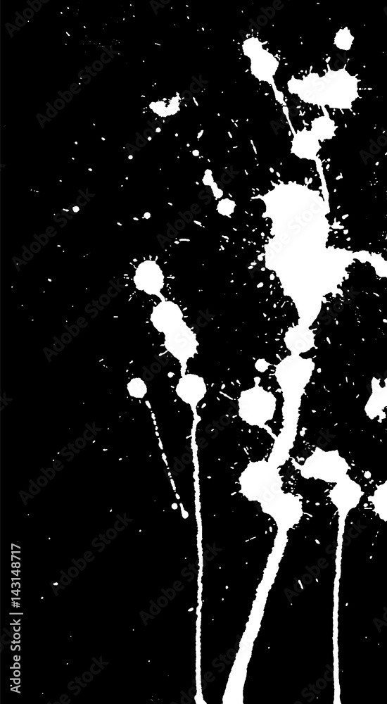 Obraz premium Ink splash, strokes and stains background. Paint splatter. White blots on black. Abstract black and white vector illustration. Grunge template. 