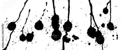Ink splash, strokes and stains background. Paint splatter. Black blots on white. Abstract black and white vector illustration. Grunge template. 