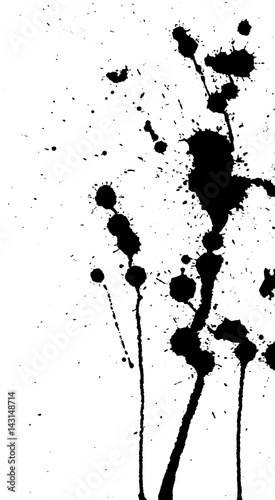 Ink splash, strokes and stains background. Paint splatter. Black blots on white. Abstract black and white vector illustration. Grunge template. 