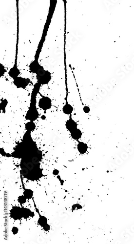 Ink splash, strokes and stains background. Paint splatter. Black blots on white. Abstract black and white vector illustration. Grunge template. 