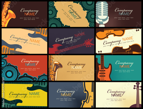 set of twelve horizontal business cards with musical instruments on coloured backgrounds