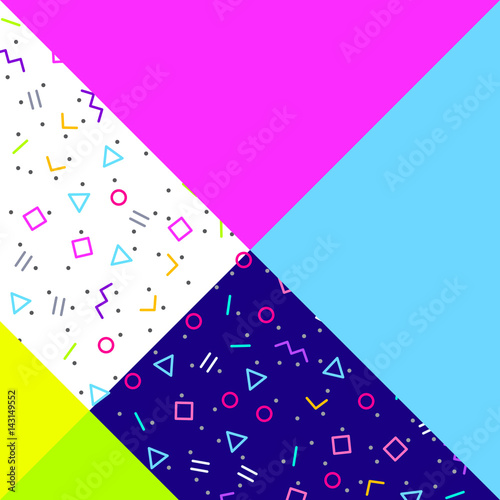 Abstract geometric background, different geometric shapes - triangles, circles, dots, lines. Memphis style. Bright and colorful neon colors, funky 90s style. Vector illustration.