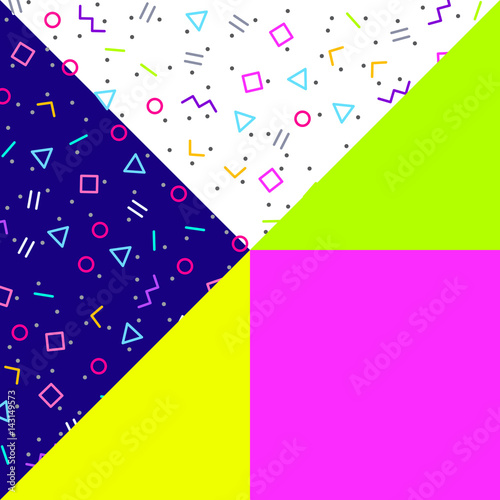 Abstract geometric background, different geometric shapes - triangles, circles, dots, lines. Memphis style. Bright and colorful neon colors, funky 90s style. Vector illustration.