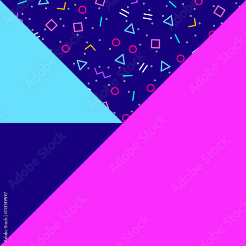 Abstract geometric background, different geometric shapes - triangles, circles, dots, lines. Memphis style. Bright and colorful neon colors, funky 90s style. Vector illustration.