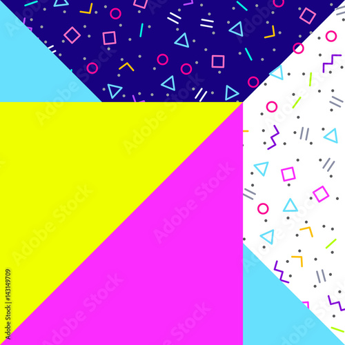 Abstract geometric background, different geometric shapes - triangles, circles, dots, lines. Memphis style. Bright and colorful neon colors, funky 90s style. Vector illustration.