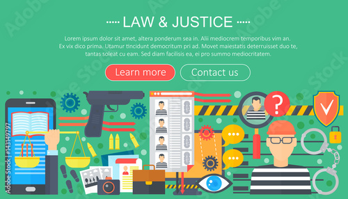 Law and justice design concept with prisoner and gun infographics template design, web header elements, poster banner. Crime Vector illustration.