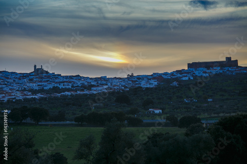 Spanish town at sunset. Segura de León