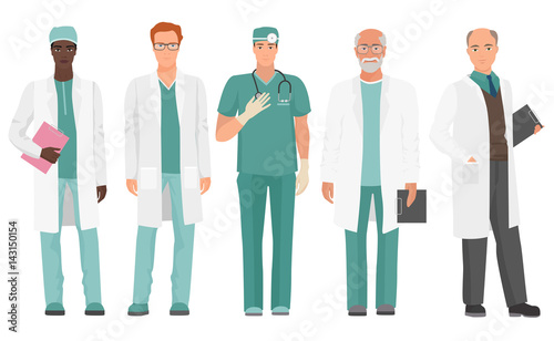 Male Doctor. African American and Caucasian doctor set. Vector illustration.