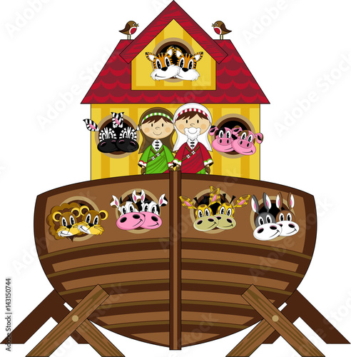 Cartoon Noah's Ark and Animals Bible Illustration