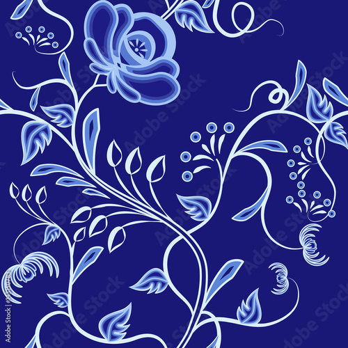 Continuous pattern of interwoven flowers. Dark blue background imitating painting on porcelain in the Russian style Gzhel or Chinese painting.