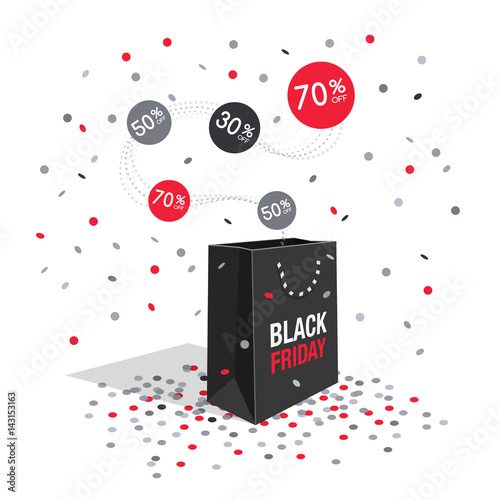 Special offer black friday discount symbol with shopping bag and flow labels isolated on light blue background. Easy to use for your design with transparent shadows.
