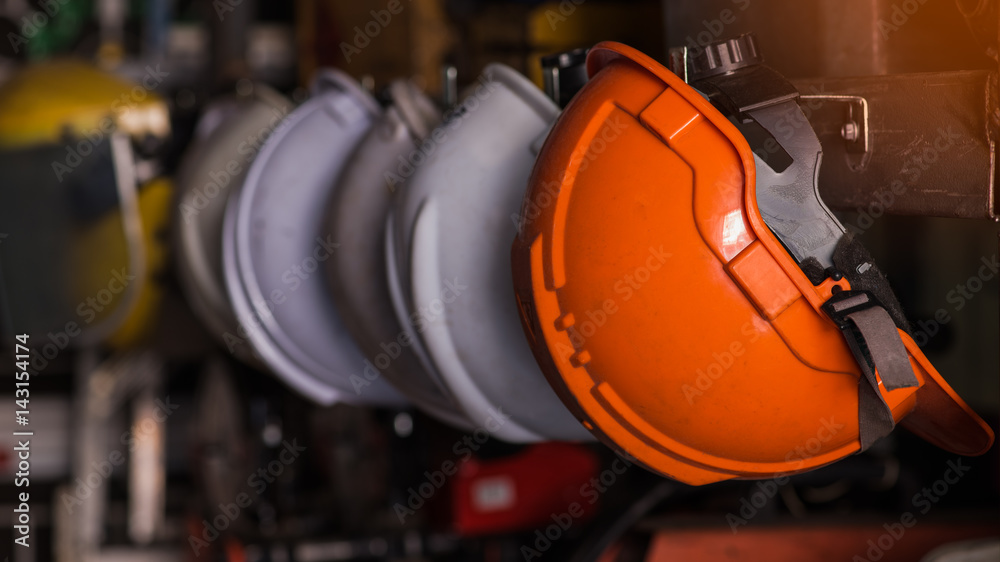 Close up safety helmet worker equipment.selective focus. - obrazy, fototapety, plakaty 