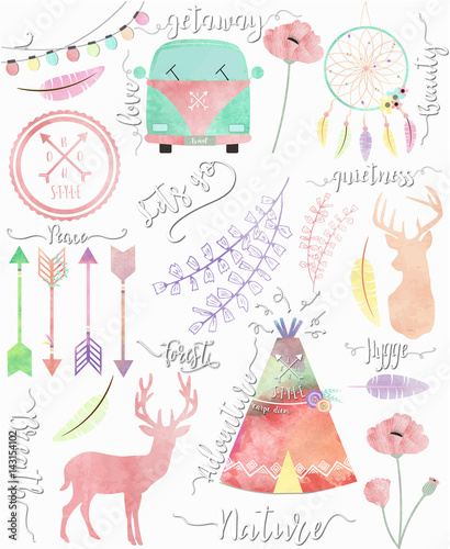 Fototapeta Naklejka Na Ścianę i Meble -  WATERCOLOR BOHO ELEMENTS